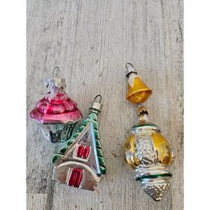 Vintage glass cupcake Church chapel Bell mini ornament set Xmas tree